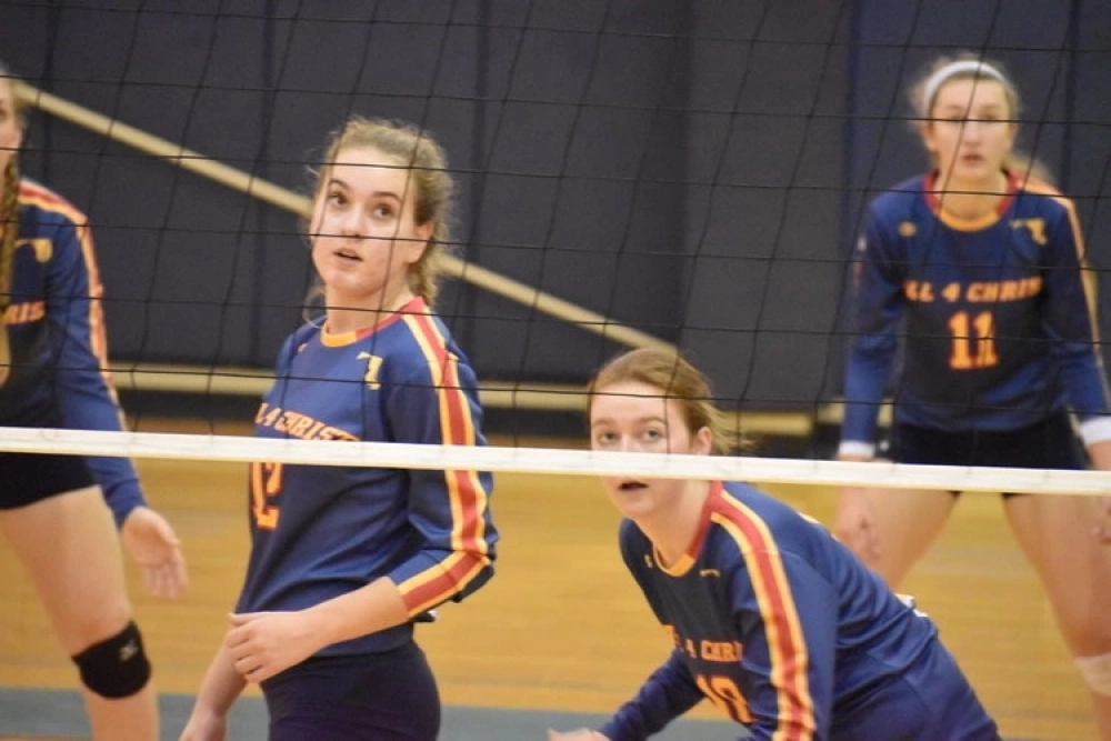 Players Wearing Wooter Custom Long Sleeve Crew Neck Volleyball Jerseys (Womens/Girls) |ALL 4 Christ | blue design