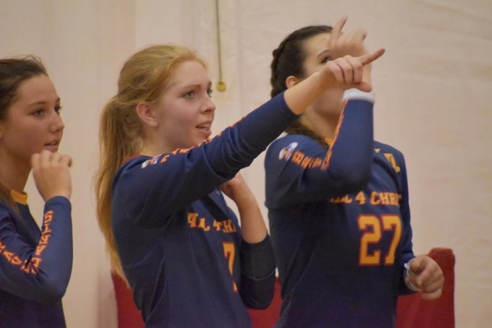 Players Wearing Wooter Custom Long Sleeve Crew Neck Volleyball Jerseys (Womens/Girls) |ALL 4 Christ | blue design